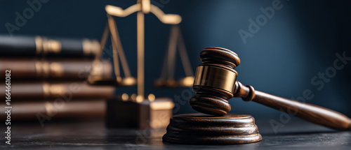 Wooden judge's gavel resting on a sound block with a blurred scale of justice and law books in the background, symbolizing legal authority and the judicial system