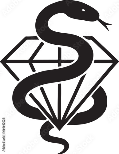 Black snake coiled around diamond symbol isolated on white background