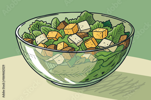 Caesar salad in a glass bowl with croutons and cheese.