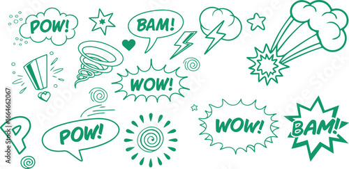 Dynamic comic book style sound effect and speech bubbles featuring pow bam wow and explosion designs silhouette