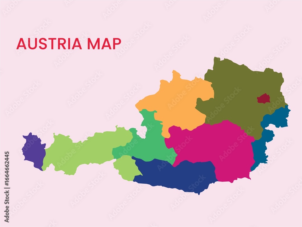 Fototapeta premium Map of Austria, Map of Austria states, Burgenland, Carinthia, Lower Austria, Upper Austria, Salzburg, Styria, Tyrol (Tirol), Vorarlberg, Vienna. 