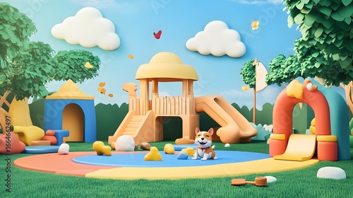 Colorful and Playful Kids Playground with Dog in Sunny Atmosphere