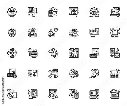 Computer Technology icon set. Vector line icons pack. Includes symbols for cloud server, antivirus, data security, programming, CPU, laptop, wifi, and more. Editable stroke.