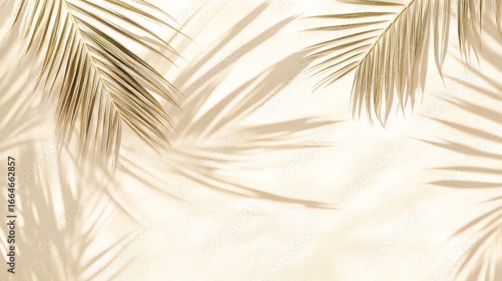Fototapeta premium Golden palm leaves and shadows on beige background.