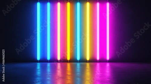 Wallpaper Mural Colorful neon lights illuminate a dark room, reflecting on a glossy floor. Torontodigital.ca