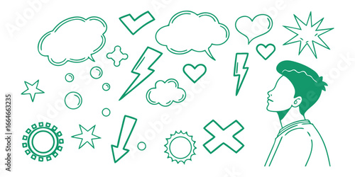Collection of hand-drawn doodle icons representing ideas thoughts and emotions with a person thinking silhouette