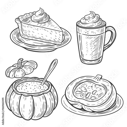 Hand drawn sketch style illustration of autumn pumpkin food and drinks, including pumpkin pie, pumpkin spice latte, creamy pumpkin soup in a pumpkin bowl, and baken pumpkin.