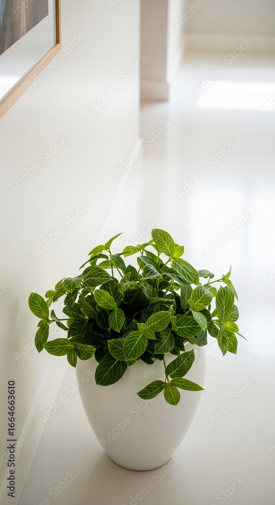 Fototapeta premium Green plant in white pot, situated in minimalist interior setting, showcasing simple elegance and freshness, ideal for home decor or wellness concepts