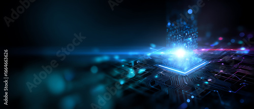 Wallpaper Mural Futuristic microchip glowing with blue and purple light beams, emitting digital particles, symbolizing advanced technology, data transfer, and computing innovation on a dark circuit board Torontodigital.ca