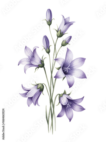 Elegant botanical watercolor illustration of purple campanula blooms. Purple bellflower blossoms with soft watercolor.