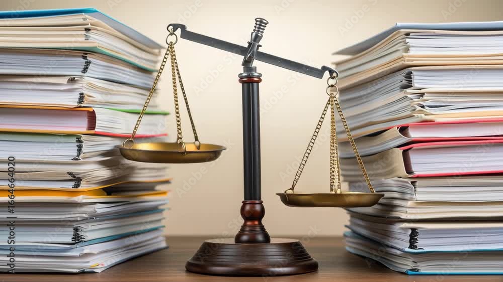 Balanced Legal Scales Amidst Stacks of Documents Symbolize Justice, Law ...