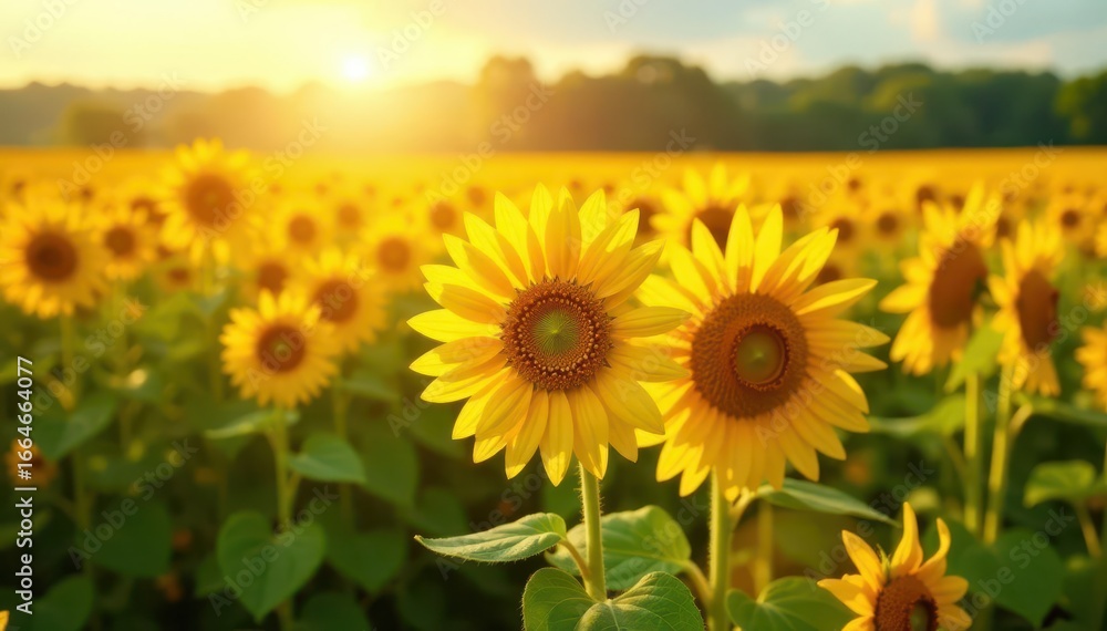 Fototapeta premium Golden sunflowers bask in sunlight, vibrant field , bloom, blue, harvest