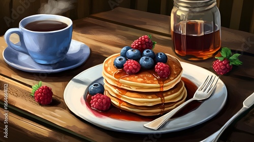 Delicious Stack of Pancakes with Berries and Maple Syrup