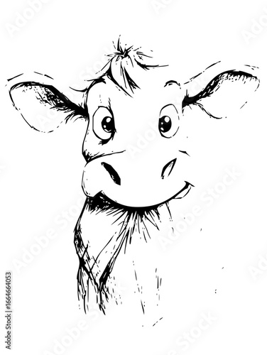 A whimsical sketch of a cartoon cow with large eyes and a beard looking directly at the viewer in black and white