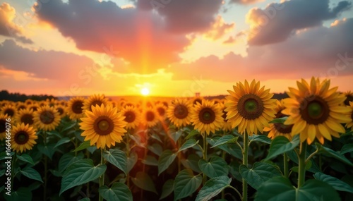 Golden hour light bathes tall sunflowers, vibrant sunset sky , agriculture, evening, golden hour