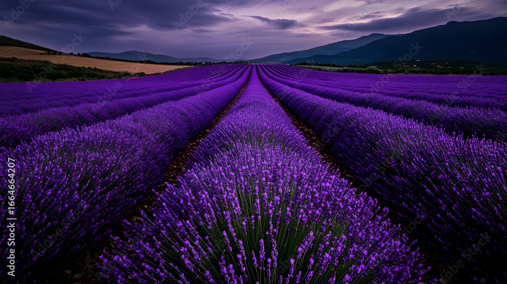 Obraz premium Lavender rows forming perfect symmetrical patterns.