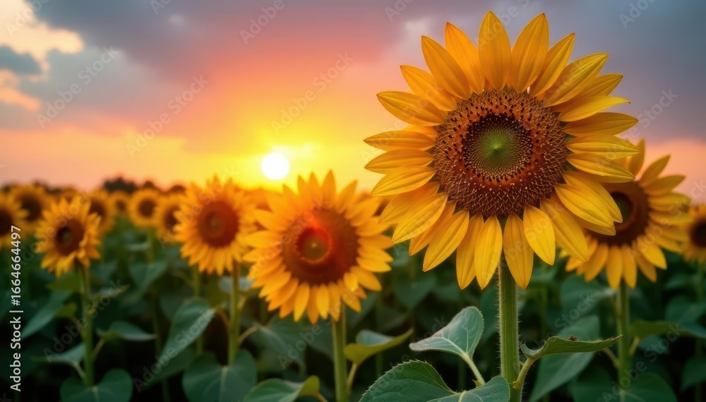 Obraz premium Tall sunflowers facing setting sun, intense colors , sunflowers, clouds