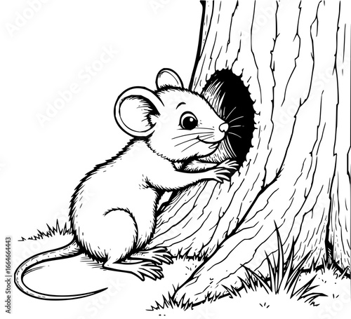 A charming illustration of a mouse peering out from a hole in a tree trunk in black and white style