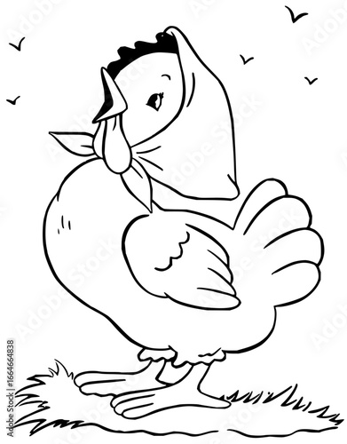 Illustration of a cartoon hen wearing a bonnet standing on grass with birds flying above it in black and white
