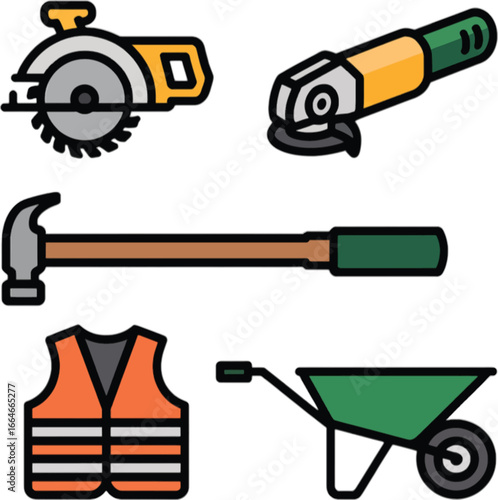 Colorful Construction Tools Including Saw Grinder Hammer Safety Vest and Wheelbarrow circular saw angle grinder