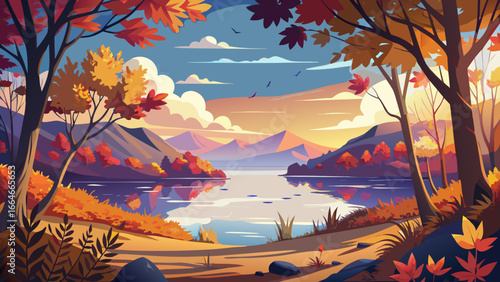 Serene lake vista framed by vibrant autumn leaves, calm waters reflecting radiant sky, silence resting gently, timeless harmony embraces horizon, beauty whispers softly, landscape glowing with peace i