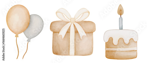 Festive set in watercolor style in pastel colors. Cake, gift, balloons