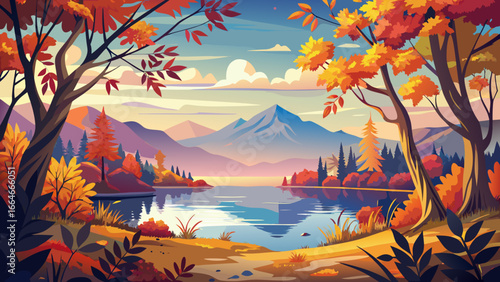 Serene lake vista framed by vibrant autumn leaves, calm waters reflecting radiant sky, silence resting gently, timeless harmony embraces horizon, beauty whispers softly, landscape glowing with peace i