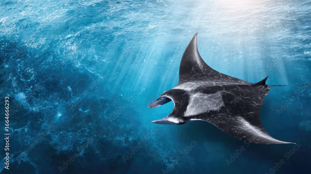 Obraz premium A giant manta ray drifting through the open sea, serene motion from above, sunlight dappling across water surface 