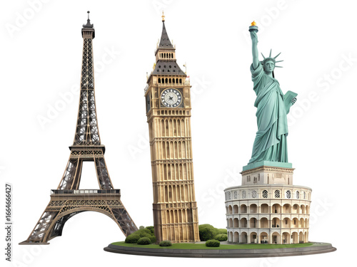 Iconic Landmarks Eiffel Tower Big Ben Statue of Liberty isolated on transparent background