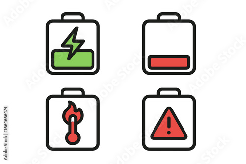 Battery status icon set showing different states. Charging, low energy, overheating, and error warning symbols. Vector illustration for UI UX design, mobile app interface.