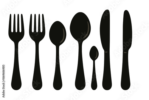 Black cutlery vector icon set. Utensil silhouettes of fork, spoon, knife for dining. Kitchenware collection for restaurant menu. Flat design tableware. Food, dinner concept.