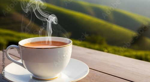 Steaming cup of Ceylon tea on a wooden table with lush green tea plantations in the background