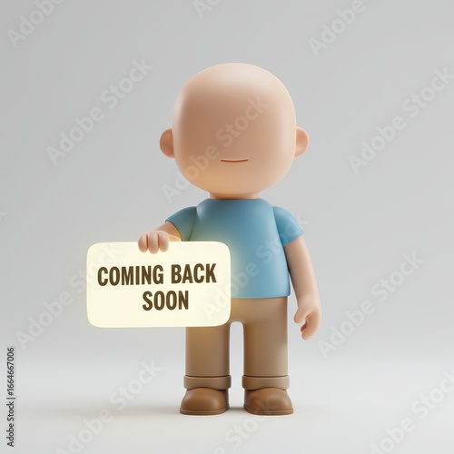 3D icon character holding Coming Back Soon sign