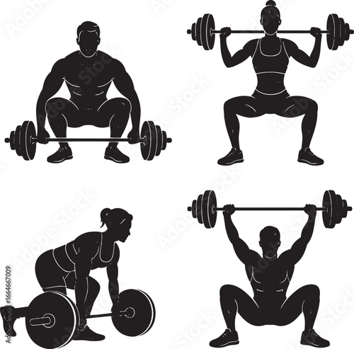 Four Silhouetted Athletes Performing Barbell Weightlifting Exercises fitness strength