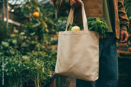 Minimalist eco-lifestyle—person carrying a blank canvas tote with fresh rosemary in sunlight. Reusable bag mockup for branding, zero-waste shopping, neutral street backdrop