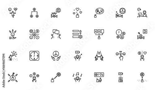 Worklife balance and stress management icon set. Vector illustration. Features symbols for exercise, planning, stress, time management, happiness, relaxation, success, and more.