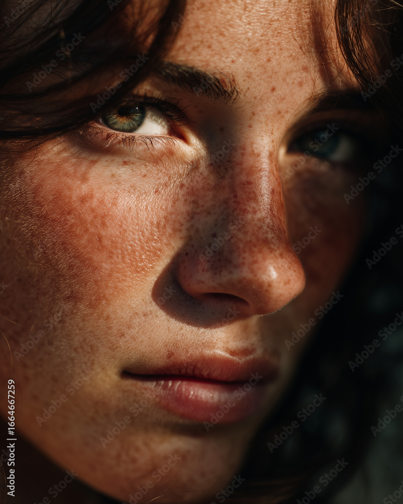 Fototapeta premium Raw beauty close-up—freckled woman in natural sunlight, dramatic shadows, real skin texture and no-makeup authenticity; intimate macro portrait for skincare, diversity, editorial, copy space