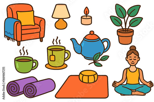 Cozy home icons for relaxation, self-care, and mindfulness. Woman in yoga lotus pose, tea, armchair. Hygge lifestyle for mental health. Vector cartoon illustration set.