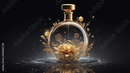 luxury perfume bottle, mechanical perfume bottle art, golden gears inside bottle, elegant perfume design, high-end perfume photography, perfume bottle with flowers, floating water and perfume, sophist