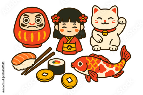 Japanese culture elements set. Cute vector illustration of traditional kawaii symbols. Daruma doll, Maneki neko cat, kokeshi, koi fish, sushi food and lucky gold coins.
