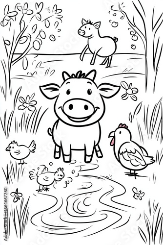 Cute farmyard fun coloring book illustration, featuring a smiling cow, a happy pig playing in the mud, a hen with her chicks, and a horse galloping in the background, 