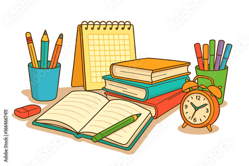 Back to school concept with colorful supplies. Cartoon vector illustration of a study desk with books, notebook, pencils, pens, calendar, eraser and alarm clock. Education.