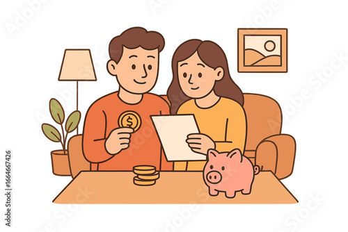 Couple managing family finances and planning budget. Man and woman saving money in piggy bank. Financial literacy, investment and savings growth vector concept illustration.