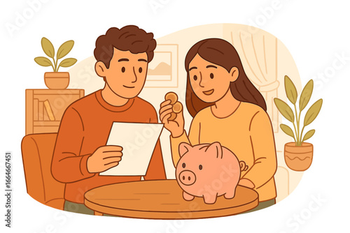 Couple managing family budget and finances. Man and woman saving money in piggy bank. Financial literacy, investment and planning concept. People reviewing bills or loan document.