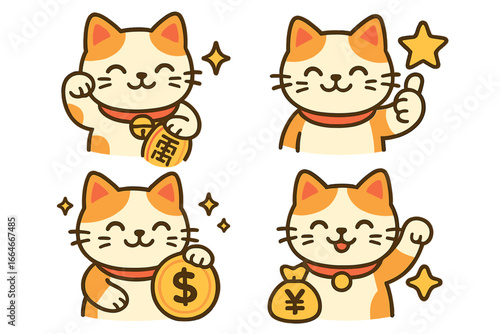 Set of cute Maneki Neko lucky cats. Japanese cartoon characters symbolizing good fortune, wealth, and prosperity. Vector illustration with money symbols like dollar and yen.