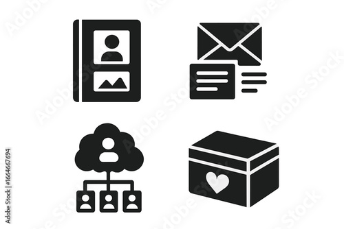 Memories and legacy solid icon set. Family history and genealogy vector concepts. Photo album, old letters, family tree and keepsake box glyphs. Ancestry illustration.