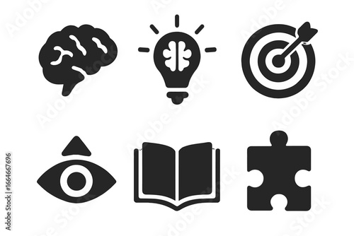Mental focus and clarity icon set. Brain, lightbulb idea, target goal, vision, open book knowledge, and puzzle solution icons. Solid glyph vector for psychology concepts.