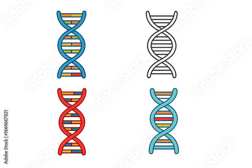 Set of DNA strand vector icons. Colorful cartoon and line art styles. Genetic, biology, and science concepts. Medical research symbol. Gene molecule, chromosome, helix structure.