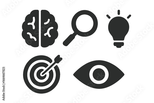 Mental focus icon set. Solid glyph icons for concentration, clarity, and mindfulness. Brain, magnifying glass, lightbulb, target, eye. Vector for business strategy.