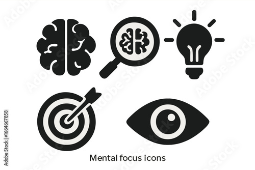 Solid glyph icon set for mental focus, clarity, and strategy. Includes brain, analysis, idea lightbulb, target goal, and vision eye. Psychology & concentration concept.